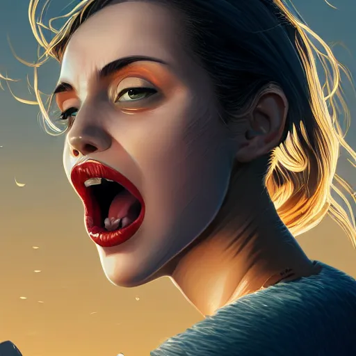 Image similar to wide open wife mouth, close - up, defiant, pin - up, rule 3 4, light effect, hyper detailed, intricate, elegant, highly detailed, digital painting, artstation, concept art, matte, sharp focus, illustration, by dan mumford, yusuke murata, makoto shinkai, ross tran