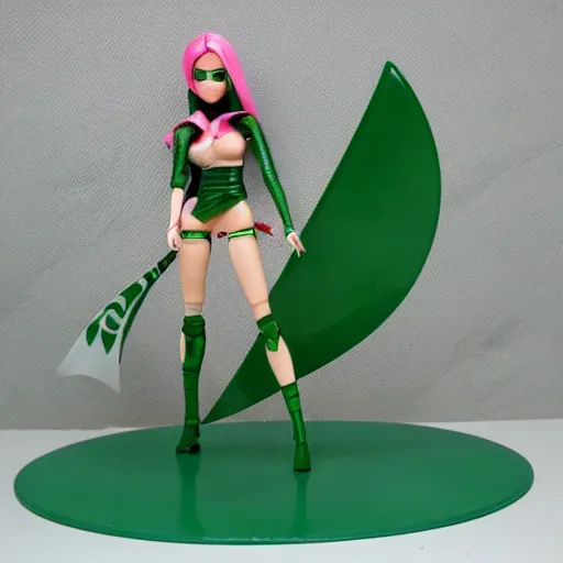 Image similar to league of legends akali as a Barbie doll. Kunai-weilding, green facemask, green outfit. PVC figure 12in.