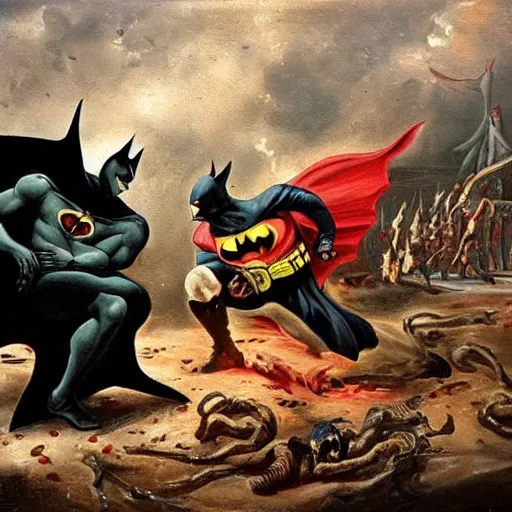 Image similar to 1800s oil painting of Spawn fighting Batman in the pits of hell