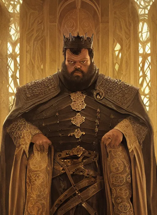 Image similar to Orson Welles as medieval King, intricate, elegant, highly detailed, digital painting, artstation, concept art, smooth, sharp focus, illustration, game of thrones, art by greg rutkowski and alphonse mucha and aleksi briclot