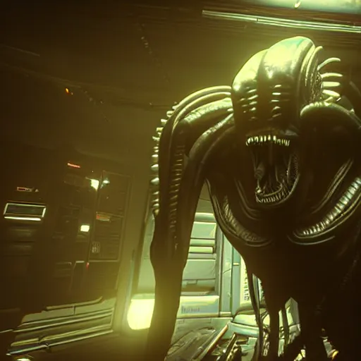 Image similar to Alien Isolation VR mod, horrifying xenomorph jumpscare RTX 4K