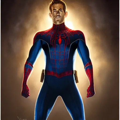 Image similar to ryan reynolds as spider - man, wearing a black and blue suit, cinematic, volumetric lighting, f 8 aperture, cinematic eastman 5 3 8 4 film, photorealistic by greg rutkowski, by stanley artgerm, by alphonse mucha