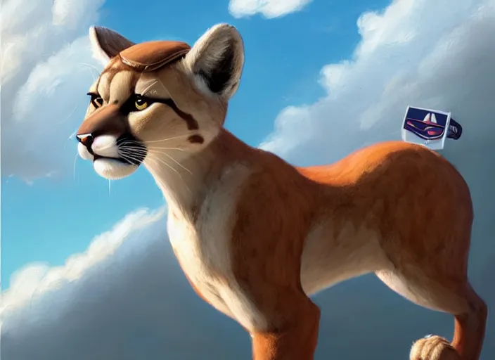 Image similar to character portrait feature of the anthro female anthropomorphic puma bobcat mountain lion fursona wearing airline pilot outfit uniform professional pilot for delta airlines character design stylized by charlie bowater, ross tran, artgerm, and makoto shinkai, detailed, soft lighting, rendered in octane, peru in background