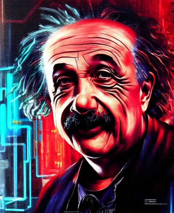 Prompt: portrait of albert einstein, wires, neon lights, cyberpunk, highly detailed painting by jeremy mann and cd projekt red and charlie bowater and titian and artgerm