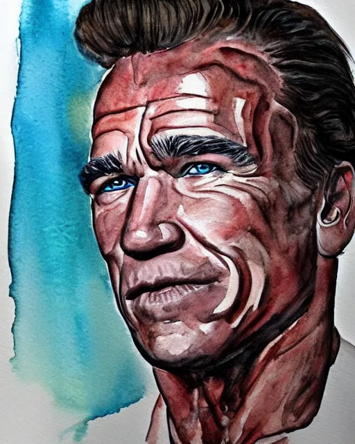 Prompt: a watercolor and line art portrait of Arnold Schwarzenegger