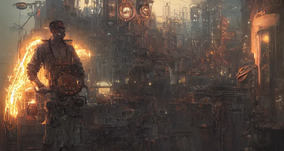Prompt: a highly detailed epic cinematic concept art CG render digital painting artwork scene: retrofuturistic 1920s cyberpunk steampunk combustion engine forcibly sewn to a man's back. By Greg Rutkowski, Ilya Kuvshinov, WLOP, Stanley Artgerm Lau, Ruan Jia and Fenghua Zhong, trending on ArtStation, made in Maya, Blender and Photoshop, octane render, excellent composition, cinematic dystopian brutalist atmosphere, dynamic dramatic cinematic lighting, aesthetic, very inspirational, arthouse