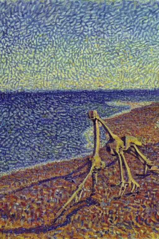 Image similar to a dinosaur skeleton by an ocean beach, soft edges, medium saturation, high contrast, gustave loiseau