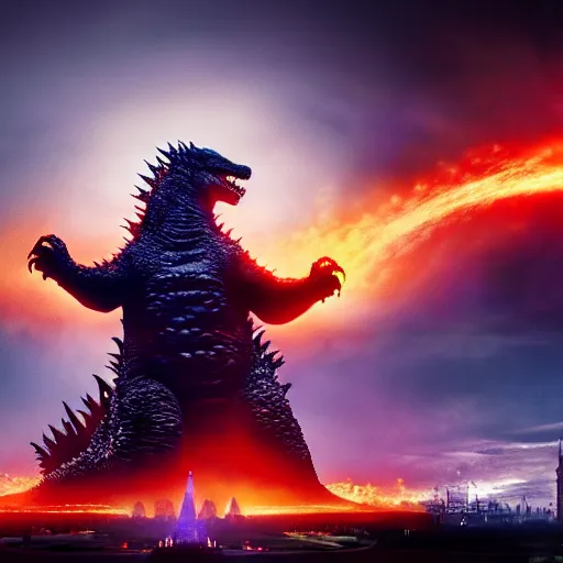 Prompt: godzilla near taj mahal, majestic, breathtaking, film still from godzilla king of monsters, 8 k, unreal engine 5 rendering, hyper realistic, global illumination, radiant lighting, clear image