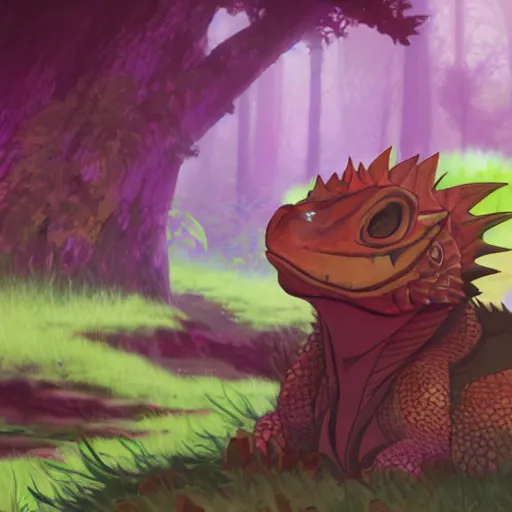 Image similar to concept art painting of an anthropomorphic anime style bearded dragon wearing magenta wizard robes, in the deep forest, realistic, detailed, cel shaded, in the style of makoto shinkai and greg rutkowski and james gurney