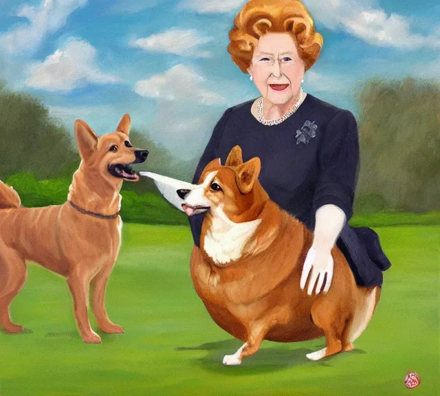 Prompt: oil painting of queen elizabeth riding a corgi like a horse across the lawn of buckingham palace