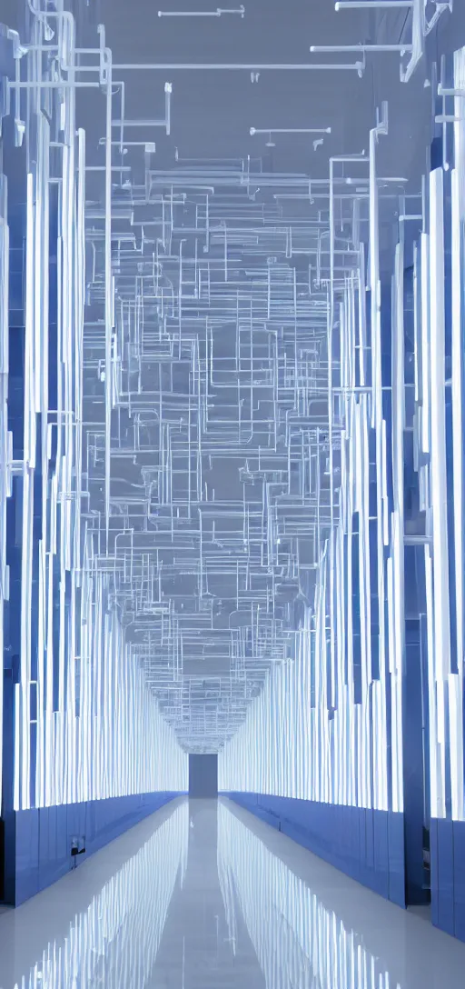 Image similar to an infinite white hallway with white pipes and blue screens on its walls