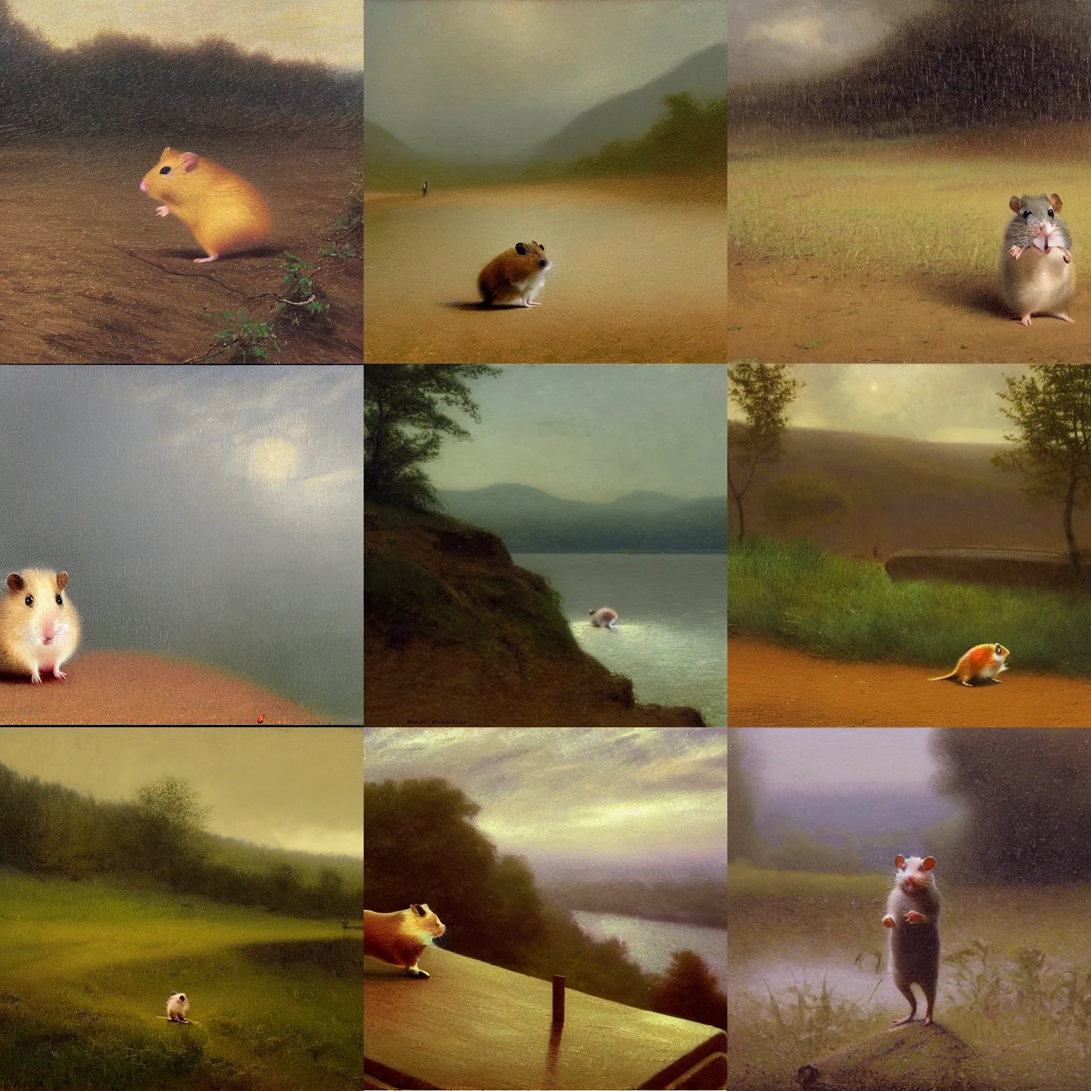 Prompt: hamster standing in the rain, a matte painting by muirhead bone, cg society, hudson river school, creative commons attribution, photo, filmic