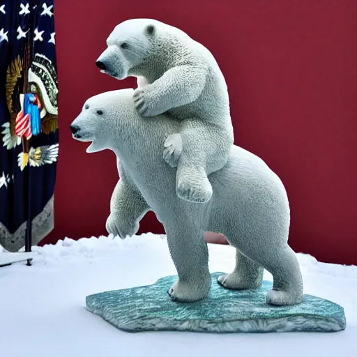 Image similar to biden riding a polar bear, metal sculpture