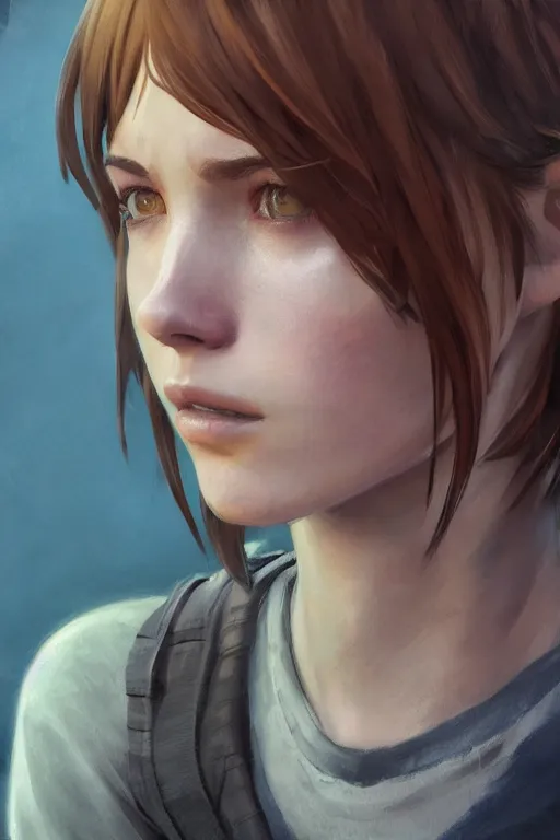 Image similar to detailed concept art portrait of max caulfield from life is strange, on a depth of field background, artstation, award - winning realistic sci - fi concept art by jim burns and greg rutkowski, beksinski, a realism masterpiece, expressive color palette, james gilleard, bruegel, alphonse mucha, and yoshitaka amano