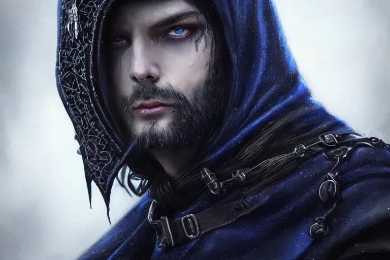 Image similar to ultrarealistic male mage black blight infected face portrait fighting, long black hair blue eyes wearing leather mantle gothic navy cloak with leather details, bone cave, octane render, extreme intricate details, elegant, cinematic lighting, highly detailed, artstation, dnd fantasy character art, cgsociety, sharp focus, beautiful digital painting by artgerm, gerald brom, wlop