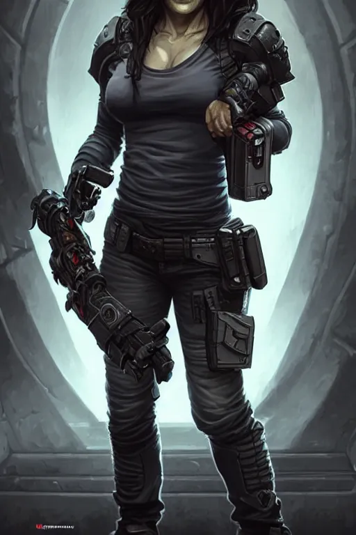 Prompt: gina carano as a shadowrun ork with prothesis grey metallic left arm, casual black clothing, muscular, realistic proportions, casual pose, large portrait, sci - fi, rpg character, digital painting, artstation, concept art, smooth, 8 k frostbite 3 engine, ultra detailed, art by artgerm and greg rutkowski and magali villeneuve