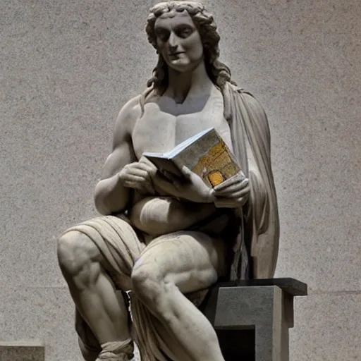 Image similar to greek statue of leonardo davinci holding a book, realistic, photorealistic