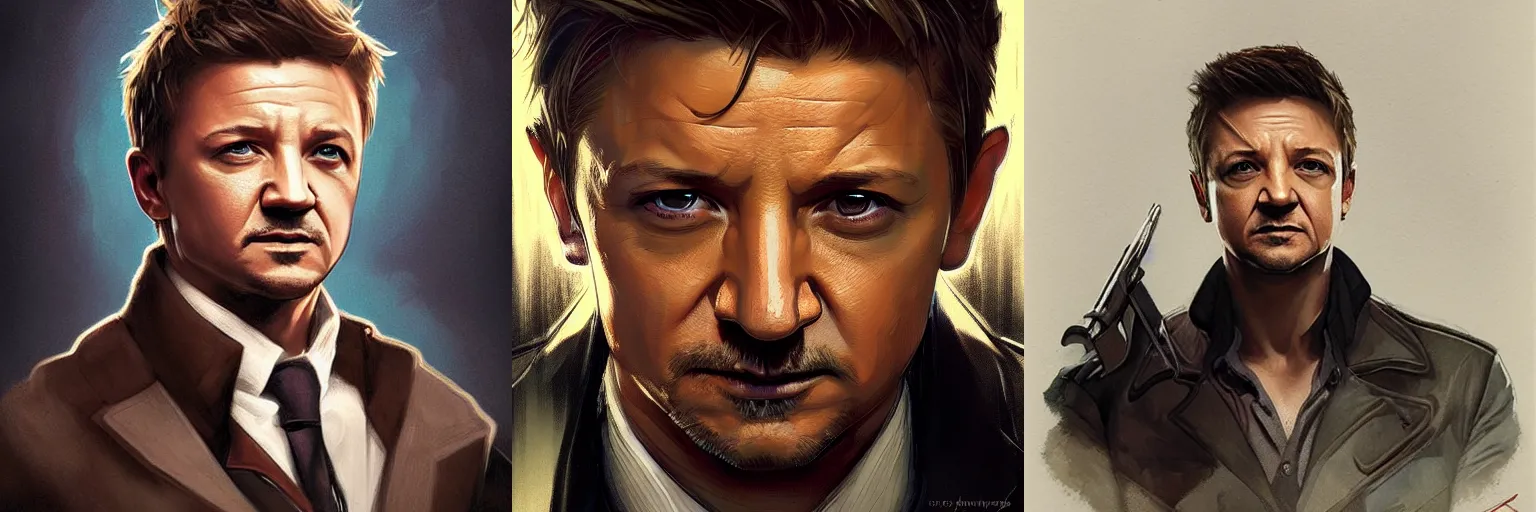 Prompt: portrait of Jeremy Renner as a detective, highly detailed, digital painting, artstation, concept art, sharp focus, illustration, art by artgerm and greg rutkowski and alphonse mucha