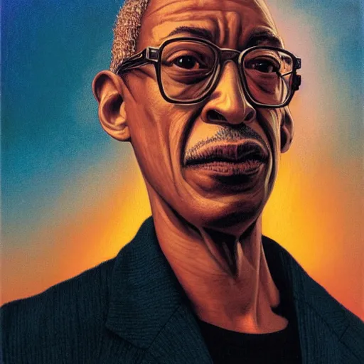 Image similar to Portrait of Gus fring by gerald brom, full body, light pink sunrise, calm atmosphere