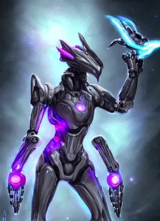 Image similar to cinematic shot, cosmic sized perfectly proportioned stunning beautiful hot female warframe, robot mecha female dragon head, mecha maw, silver armor, fuschia leds, floating in empty space, nebula sized, holding a galaxy, epic proportions, epic size, epic scale, furry art, dragon art, giantess art, warframe fanart, furaffinity, deviantart