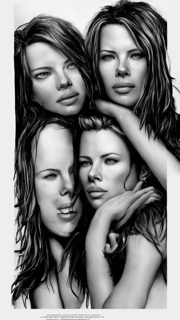 Image similar to shy scarlett johansonn and kate beckinsale poster, grayscale, uniform, photo realistic