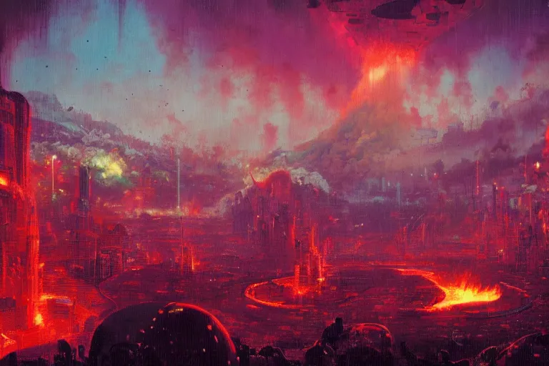 Image similar to a cyberpunk city in the crater of a volcano, lava flowing, smoke, fire, neon, industrial, by paul lehr