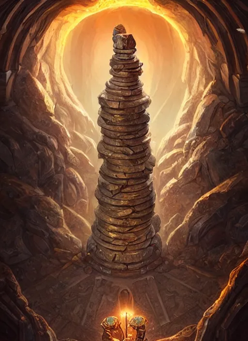 Image similar to a towering stone sentinel with a crystal core, in an ancient vault full of piled gold coins, stone pillars, fantasy digital painting, stunning intricate details, torch lighting, artwork by ross tran, artgerm