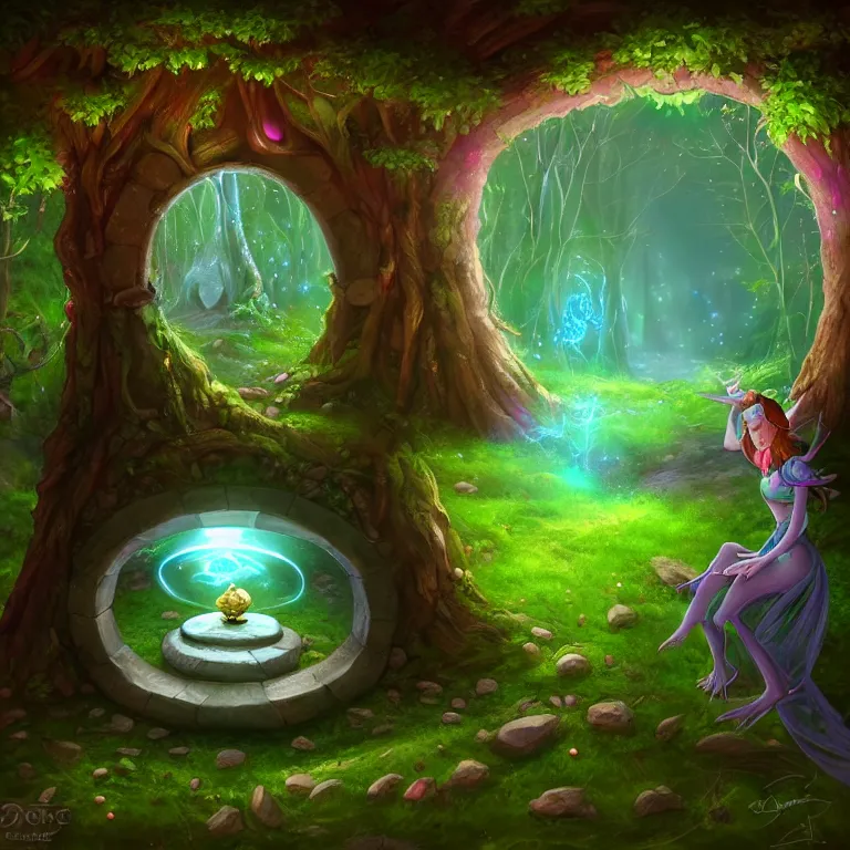 Image similar to Fantasy Magical fairy-tale glowing stone portal in the forest. Round stone portal teleport in trees to other worlds. Fantastic landscape. Magic Altar in the fores, highly detailed, digital painting, artstation