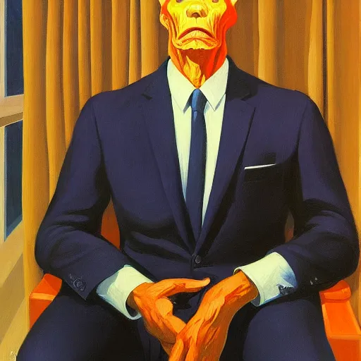 Image similar to Portrait of Mr. Powerful wearing a business suit, very coherent, painted by Edward Hopper, Wayne Barlowe, painted by James Gilleard, airbrush, art by JamesJean