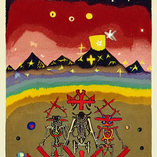 Image similar to pixel decollage painting tarot devil card composition tower of babel road red armor maggot bear and wonky alien frog skeleton knight on a horse in a dark red cloudy night sky with golden foil jewish stars, occult symbols and diamonds, mountain lake and blossoming field in background, painted by Mark Rothko, Helen Frankenthaler, Danny Fox and Hilma af Klint, pixelated, neo expressionism, semi naive, pastel colors, cinematic, color field painting, cave painting, voxel, pop art look, outsider art, minimalistic. Bill Traylor painting, part by Philip Guston and Francis Bacon. art by Adrian Ghenie, very coherent symmetrical artwork, cinematic, hyper realism, high detail, octane render, unreal engine, Smooth gradients, depth of field, full body character drawing, extremely detailed, 8k, extreme detail, intricate detail, masterpiece