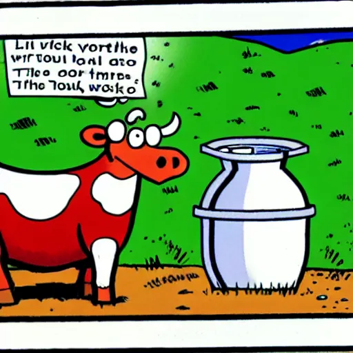 Prompt: a cow points at a bucket, illustrated by gary larson