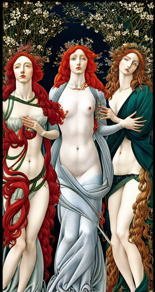 Image similar to the 3 Goddesses of Winter, in a mixed style of Botticelli and Æon Flux, inspired by pre-raphaelite paintings and shoujo manga, surrounded by flora and fauna, hyper detailed, stunning inking lines, flat colors, 4K photorealistic