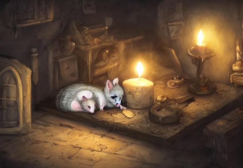 Prompt: cute possum sleeping on a bed in a medieval cluttered cottage at night under the dim light of a candle, dark fantasy, dreaming illusion, trending on artstation