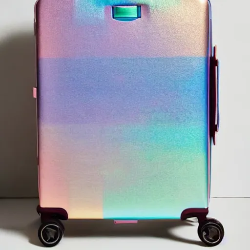 Image similar to a pastel coloured Polaroid holiday snap of a iridescent suitcase that it open and revealing rows of neatly folded socks