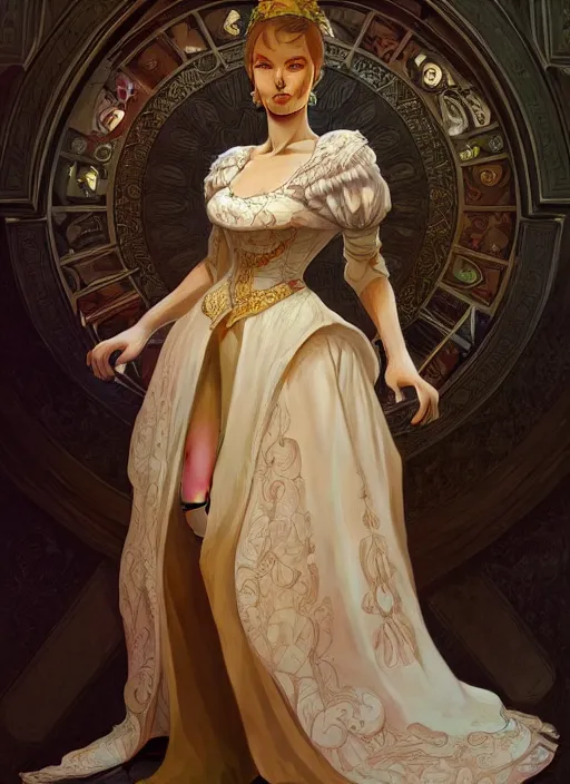 Image similar to portrait of a full body of young beautiful female princess, d & d, baroque dress, flat lighting, intricate, highly detailed, digital painting, artstation, concept art, smooth, sharp focus, illustration, art by simon bisley and greg rutkowski and alphonse mucha, natural tpose