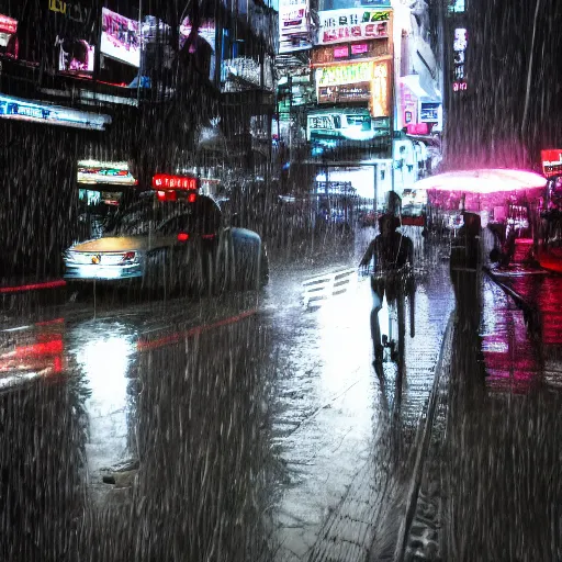 Image similar to cyberpunk ho chi minh city in the rain, time - lapse, photojournalism, wide angle, perspective, double - exposure, light, tones of black in background