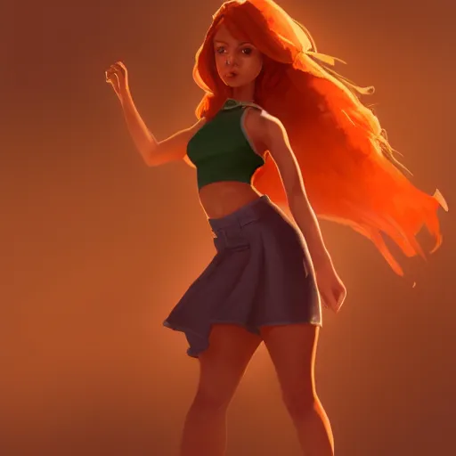 Prompt: upper body illustration of a beautiful latin girl, brown skin, orange hair, small waist, she wears a pretty miniskirt, mattepainting concept blizzard pixar maya engine on stylized background splash comics global illumination lighting artstation, sharp focus, epic, elegant greg rutkowski