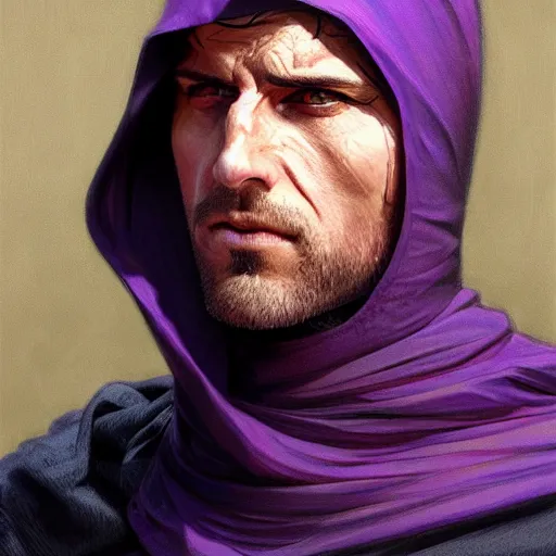 Image similar to ultra realistic illustration, man in a black hood, in a striped purple balaclava, mysterious, highly detailed, digital painting, artstation, concept art, smooth, sharp focus, illustration, art by artgerm and greg rutkowski and alphonse mucha