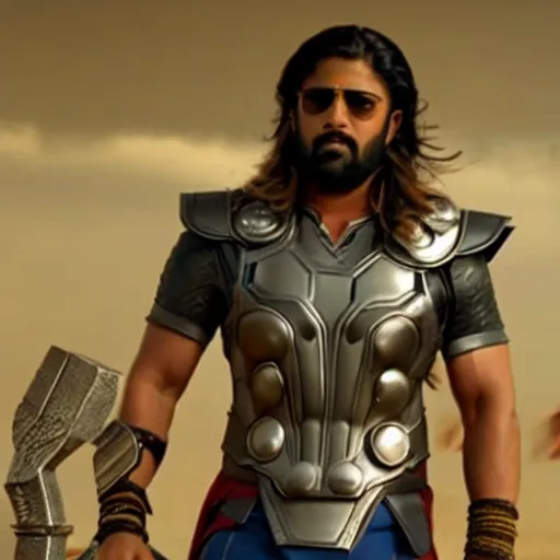 Image similar to film still of rocking star yash as thor in thor ragnarok