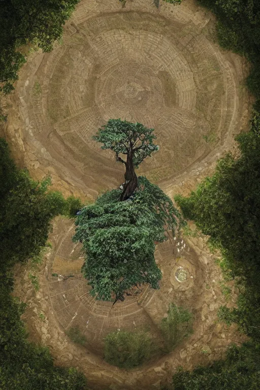 Image similar to the big soul tree of the earth, perfect symmetry, circular base surrounding grand tree, cinematic, intricate detail, small details, high resolution, 3 d, volumetric lighting, octane render, 8 k, photorealistic