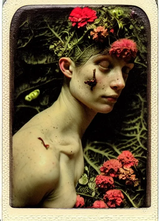 Image similar to beautiful and detailed rotten woman made of plants and many different types of flowers, muscles, intricate, organs, ornate, surreal, john constable, guy denning, gustave courbet, caravaggio, romero ressendi 1 9 1 0 polaroid photo