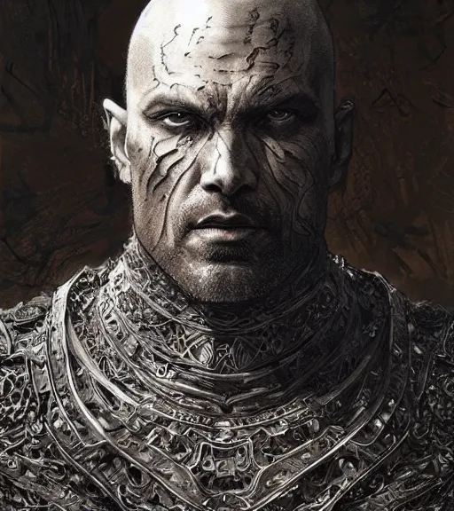 Image similar to portrait of strong bald man with scars in intricate dragonscale armor, pen and ink, intricate line drawings, by craig mullins, ruan jia, kentaro miura, greg rutkowski, loundraw