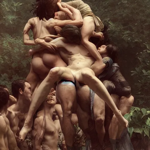 Image similar to hundreds of humans climbing on each other, highly detailed, digital painting, matte, sharp focus, art by wlop, greg rutkowski, alphonse mucha, frank frzetta, boris vallejo, bouguereau, beksinski, cinematic, octane render