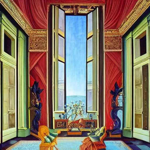 Image similar to giant mansion room 4 stories tall with balconies and windows, walls filled with modern art paintings, doors that are cosmic portals, painting by Botticelli