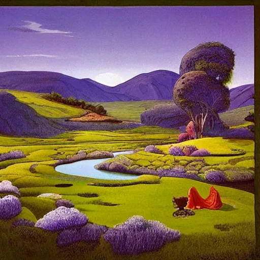 Prompt: A beautiful photograph of a landscape. It is a stylized and colorful view of an idyllic, dreamlike world with rolling hills, peaceful looking animals, and a flowing river. The scene looks like it could be from another planet, or perhaps a fairy tale. umber by Hal Foster relaxed, dull