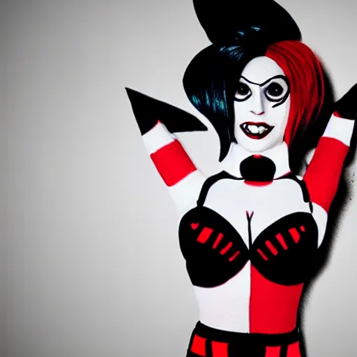 Image similar to lady gaga in harley quinn pupyplush doll, scream, background dark, portrait, 8k