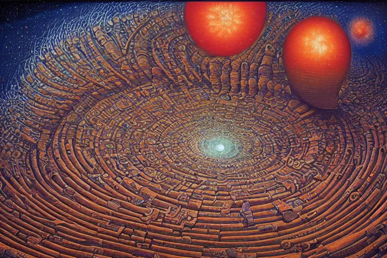 Prompt: spiral galaxy by jacek yerka, alex gray, zdzisław beksiński, dariusz zawadzki, jeffrey smith and h.r. giger, oil on canvas, 8k highly professionally detailed, trending on artstation