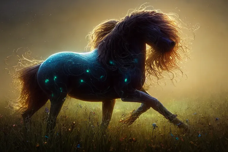 Image similar to a stunning horse with a thick mane of bioluminescent vines and flowers running through a meadow by greg rutkowski, high key lighting, volumetric light, digital art, highly detailed, fine detail, intricate, ornate, complex, octane render, unreal engine, photorealistic