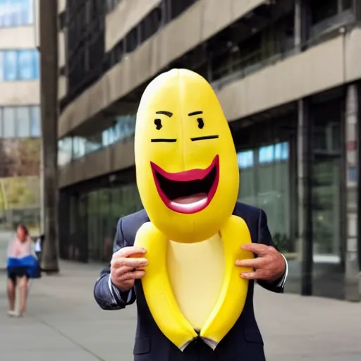 Image similar to a man wearing a suit banana head