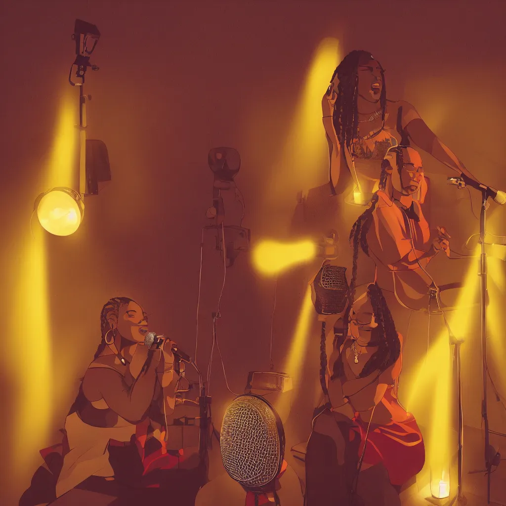 Prompt: illustration of a light-skinned black woman wearing cornrows sings into a microphone in a studio, medium shot, she is wearing a red dress, sitting on a stool, and 4 or 5 yellow lamps are hanging around her, ambient light, unreal engine, Bijou Karman